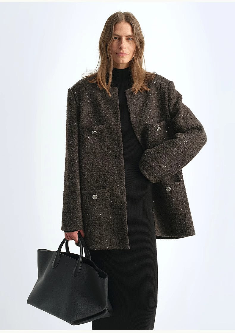 Circle Texture Sequined Wool Tweed Round Neck Long Chanel Style Coat for Women-4