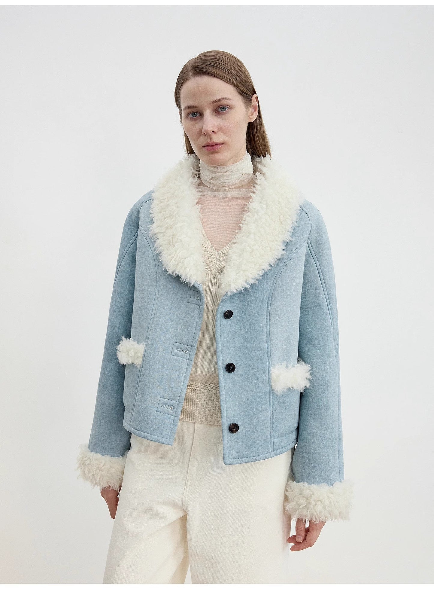 "Pure Era" imported high-quality lamb contrast color fruit collar short wool fur coat-4