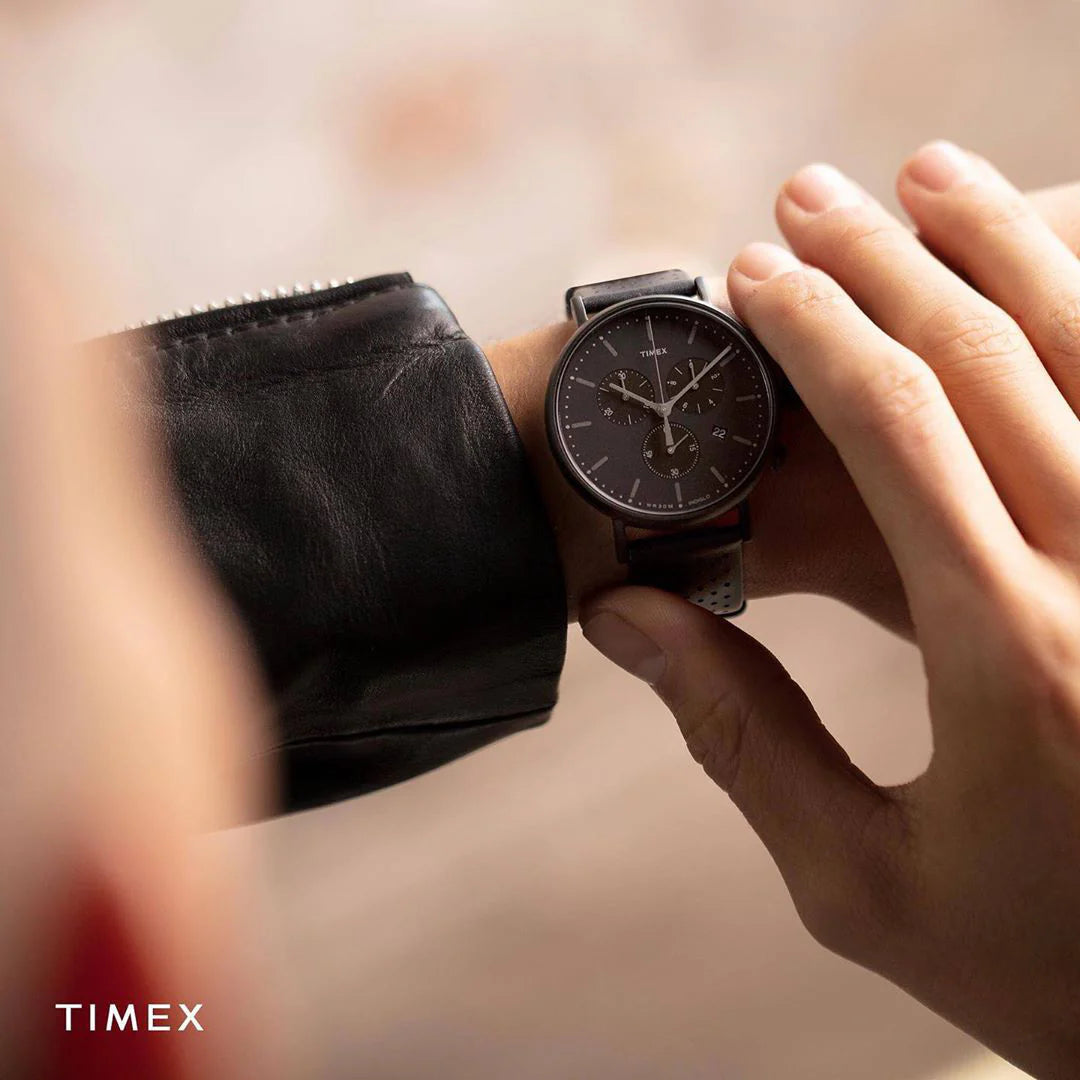 Timex Men's Black Leather Watch, Black Dial | Tw2r26800-4