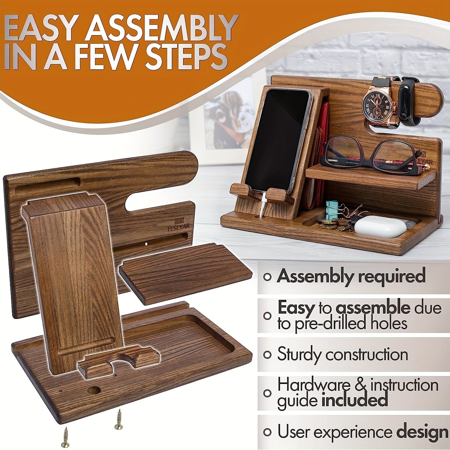 Wooden Phone & Watch Holder, Key & Wallet Organizer-4
