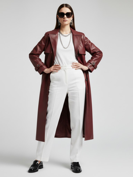 Burgundy Vegan Leather Long Trench Coat - BED-STUY: New Collection COUTURE in BROOKLYN - BYMANYC ® New York-1