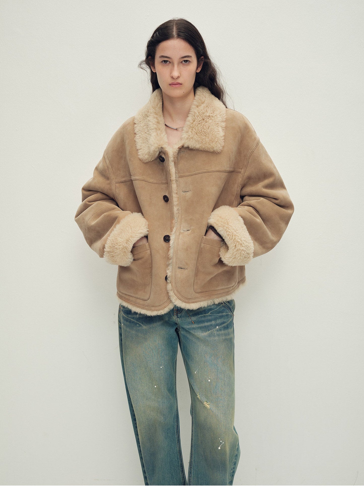 Firelady Fur Women‘s Contrast-Collar Shearling Coat with Shaved Leather Trim & Merino Shearling-4