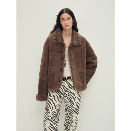 Firelady Fur Women‘s Contrast-Collar Shearling Coat with Shaved Leather Trim & Merino Shearling-1