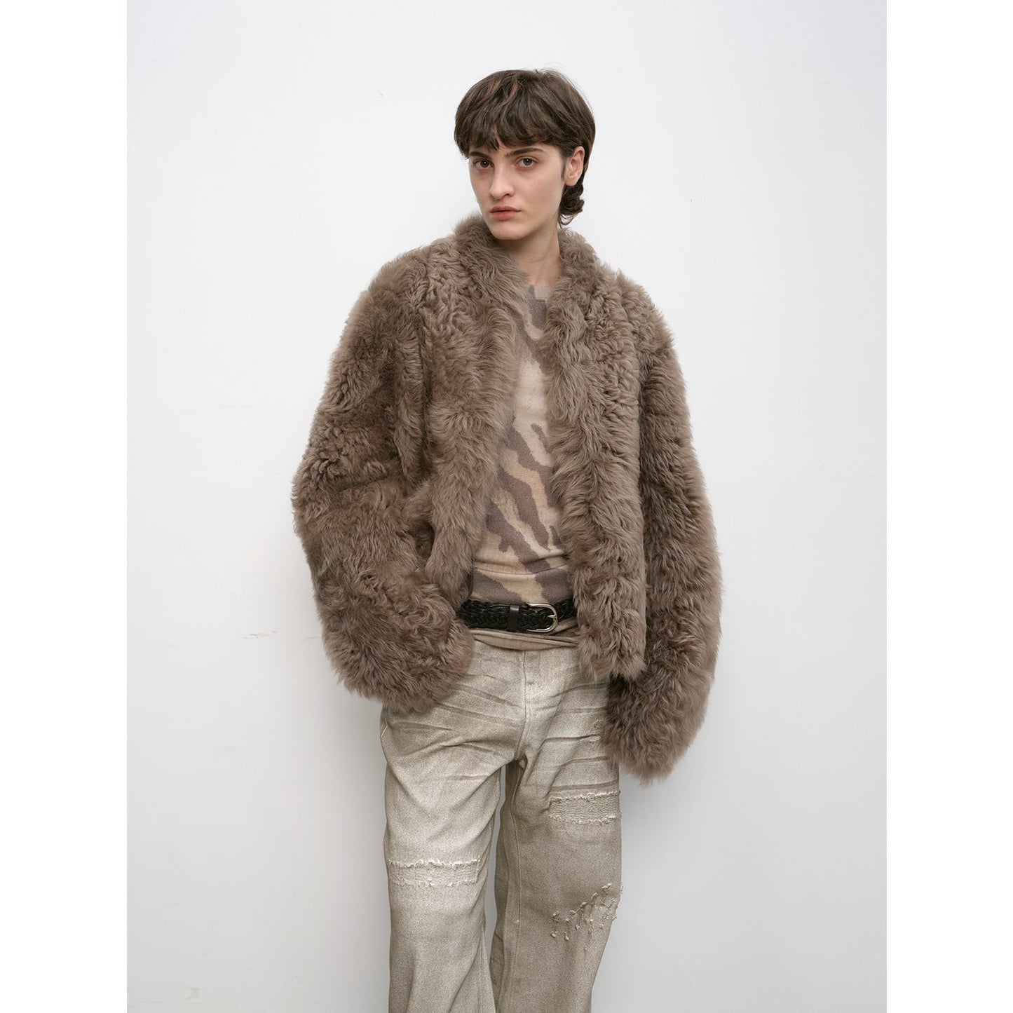 "Autumn Basel" imported Tuscan sheepskin half-roll short casual fur coat-6