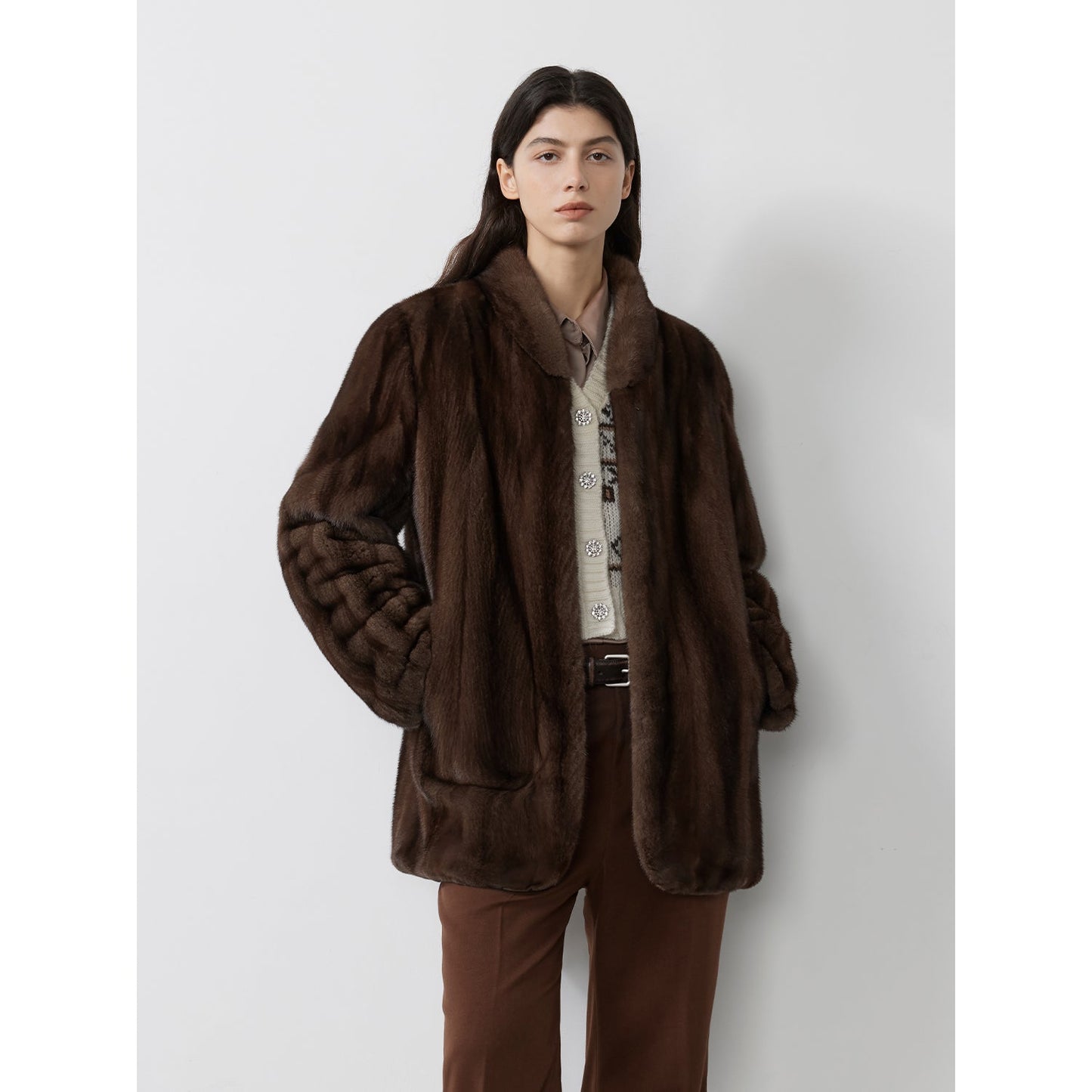 Warm coffee mink retro imported stand collar short mink fur coat-9