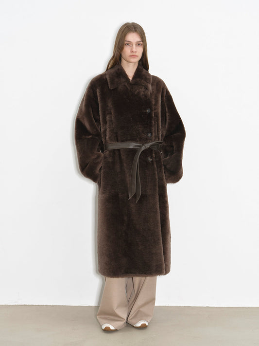 "Mocha Phantom" Merino wool dropped shoulder long asymmetric placket sheepskin coat-0