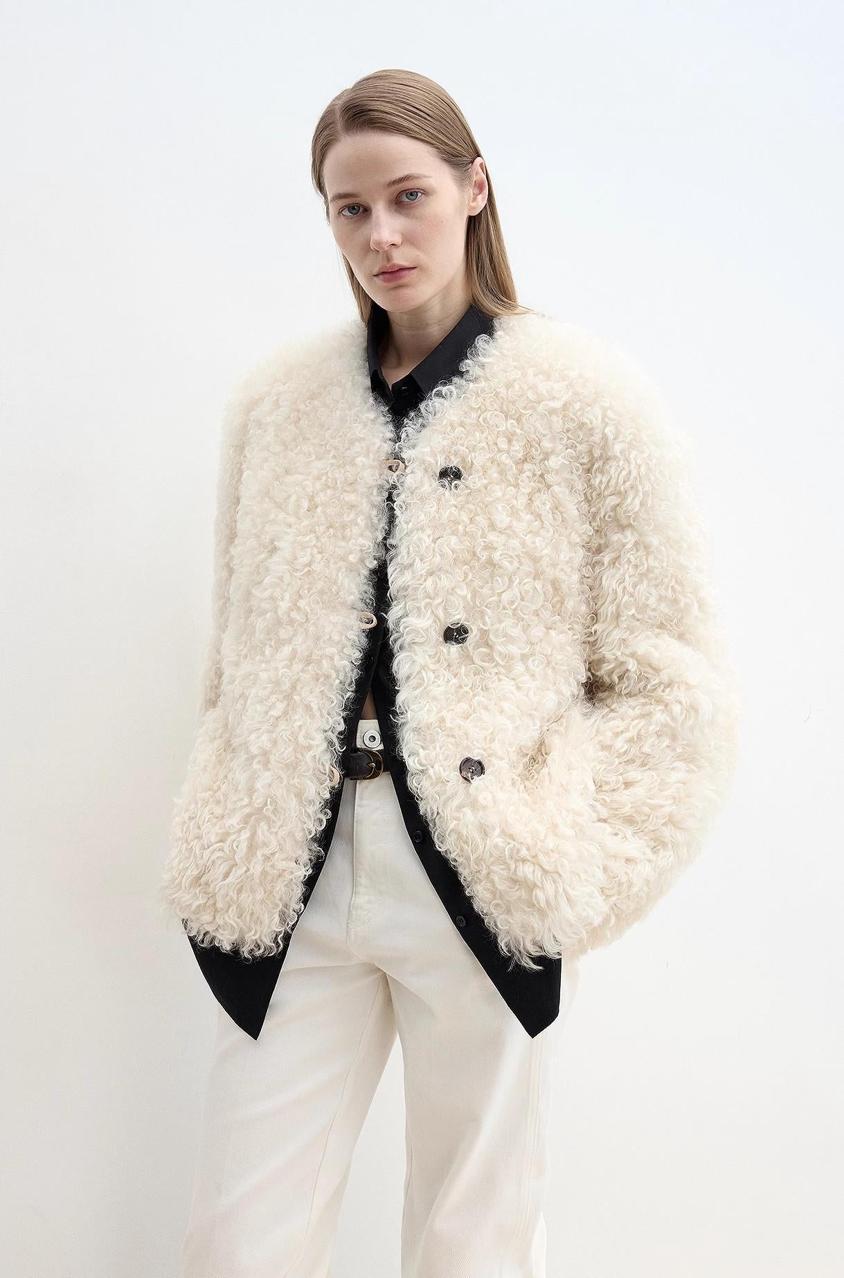 "Ghost Horse Girl" merino curly sweetheart collar straight fur coat-0