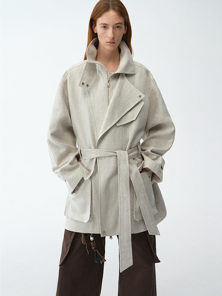 Relaxed Gold Linen Blend Lace-Up Mid-Length Trench Coat Spring"Flynn Magazine"-0