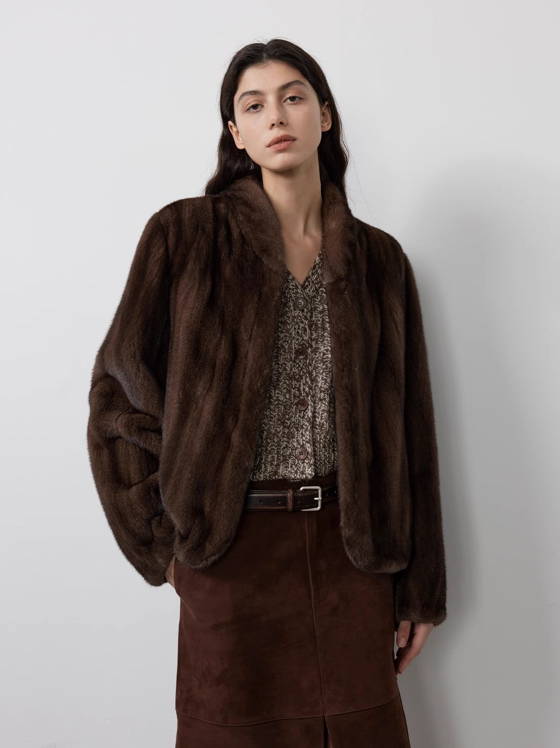 Warm coffee mink retro imported stand collar short mink fur coat-1