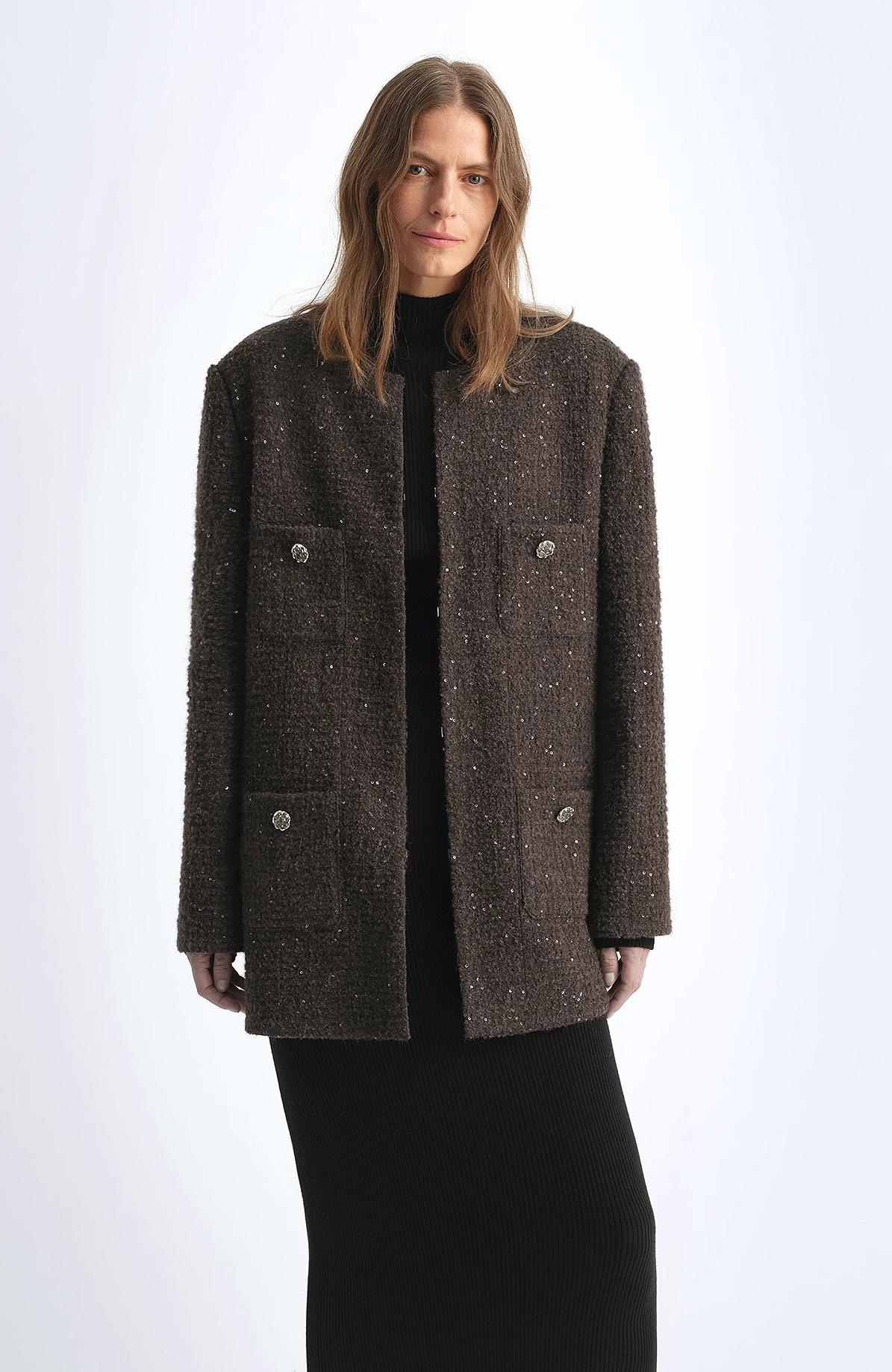 Circle Texture Sequined Wool Tweed Round Neck Long Chanel Style Coat for Women-0