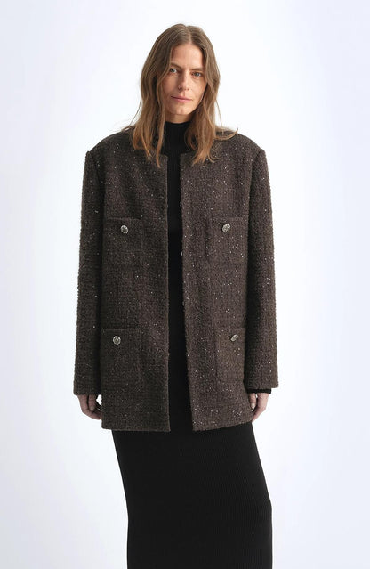 Circle Texture Sequined Wool Tweed Round Neck Long Chanel Style Coat for Women-0