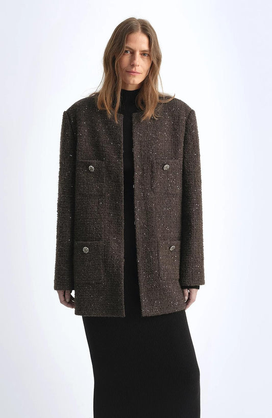 Circle Texture Sequined Wool Tweed Round Neck Long Chanel Style Coat for Women-0