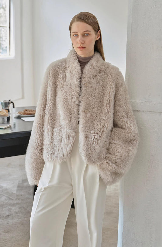 "Yorta" imported Tuscan curly wool upper arc collar sheepskin coat-0