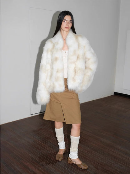 Polar Snow Casual Handmade Swoosh Printed Stand Up Lapel Fox Fur Coat-0