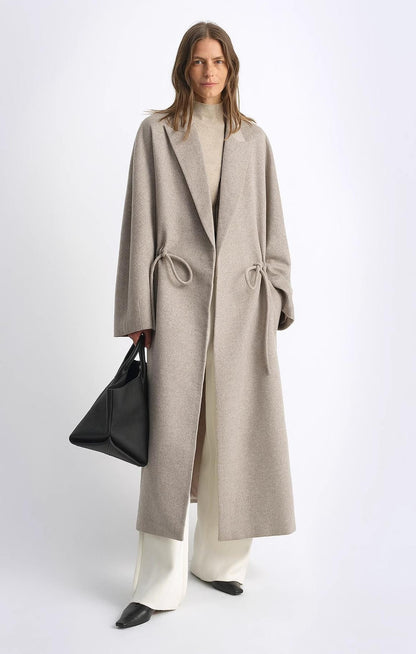 "Desert Heart"women's original color wool peaked lapel drawstring mid-length wool coat-0