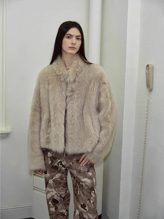 Fireladyfur Women's Casual Drop Shoulder Stand Collar Sheepskin Coat"Practical Wearism"-0