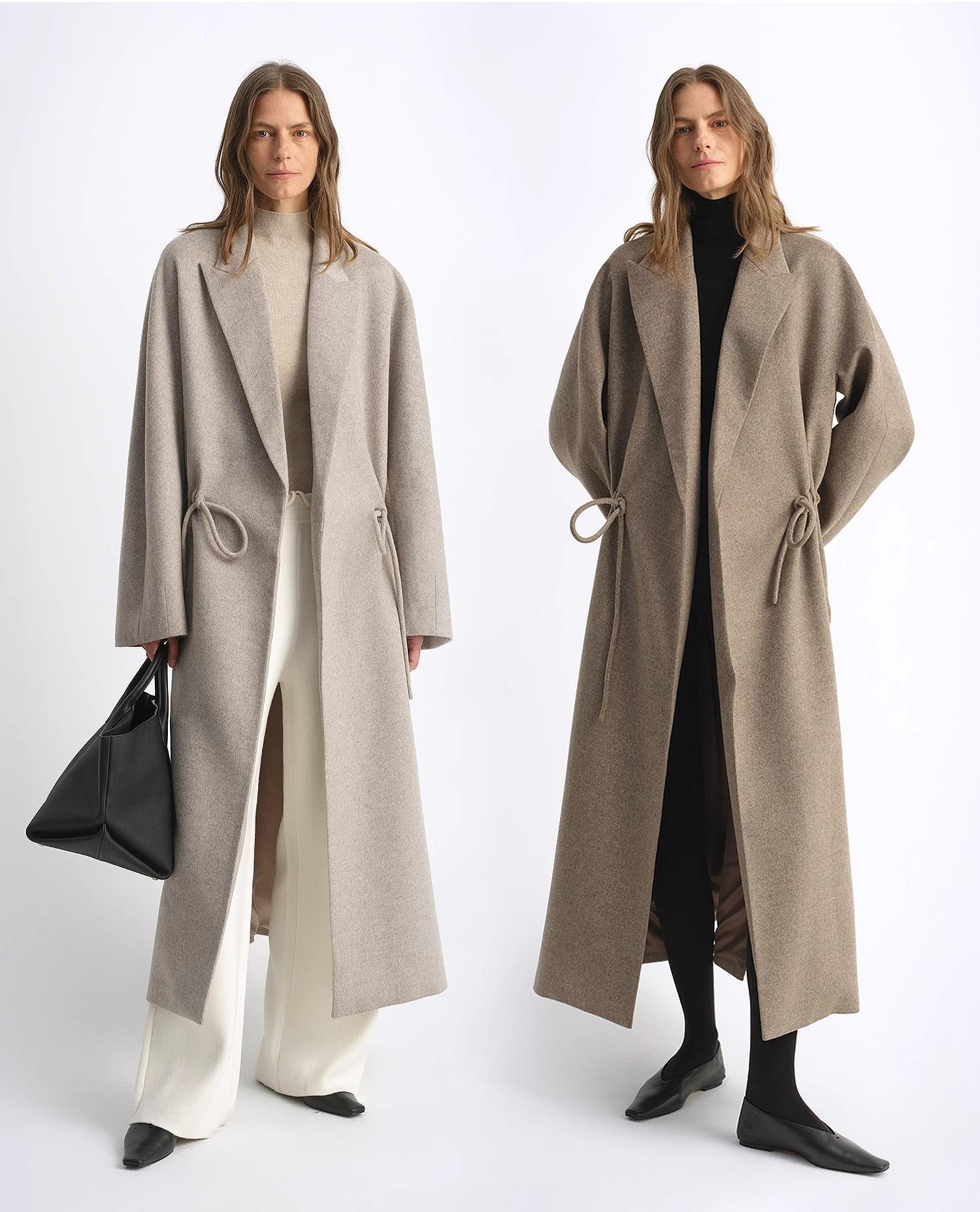 "Desert Heart"women's original color wool peaked lapel drawstring mid-length wool coat-3