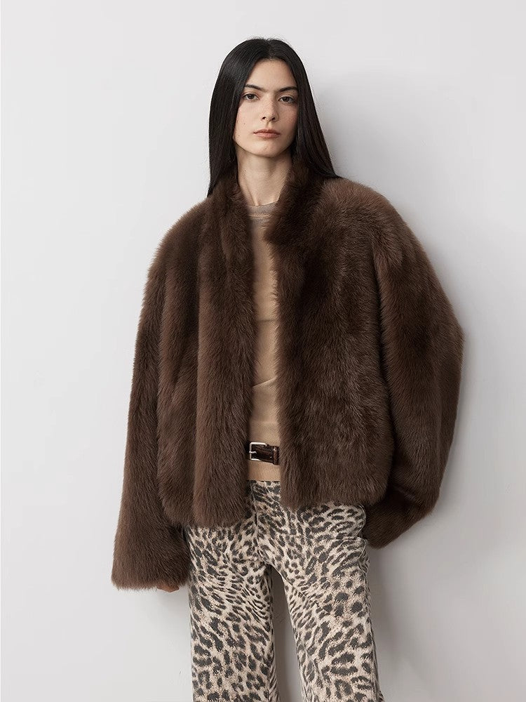 Fireladyfur Women's Casual Drop Shoulder Stand Collar Sheepskin Coat"Practical Wearism"-2