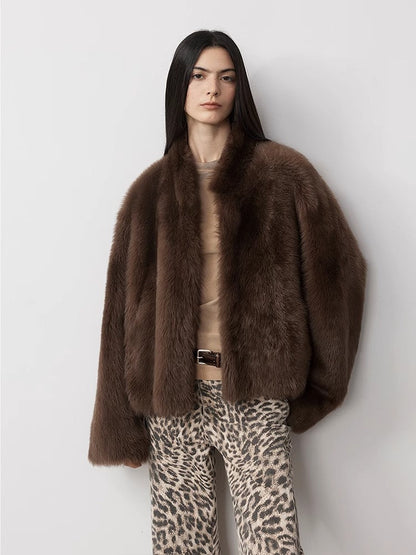 Fireladyfur Women's Casual Drop Shoulder Stand Collar Sheepskin Coat"Practical Wearism"-2