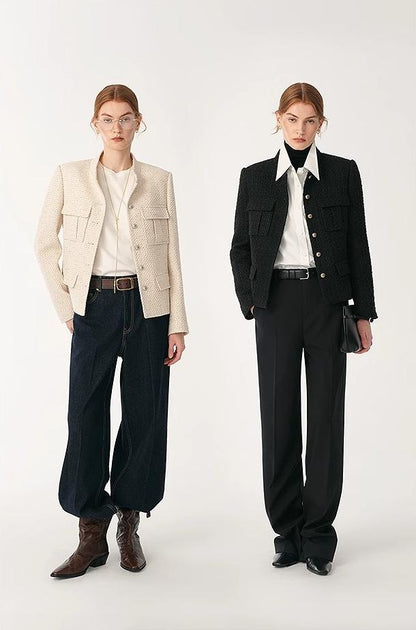 Heavy wool blend tweed stand collar waist cropped coat-3