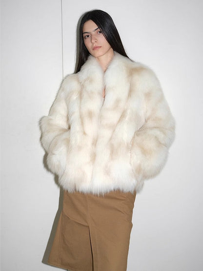 Polar Snow Casual Handmade Swoosh Printed Stand Up Lapel Fox Fur Coat-1