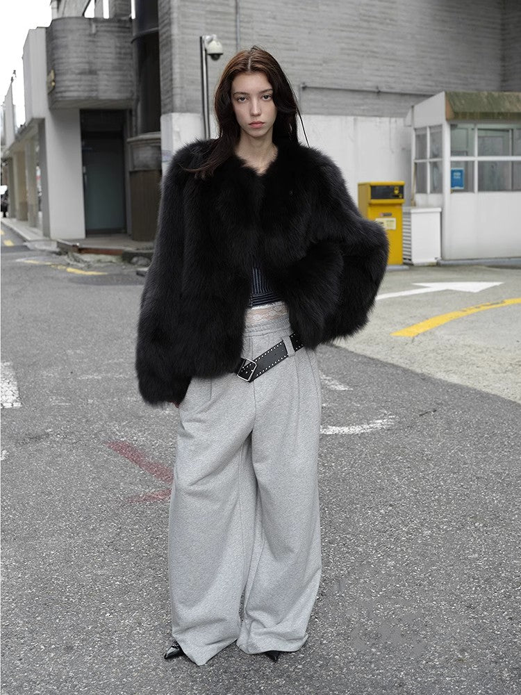 Morning Mist Manor Urban Chic Chicken Heart Collar Drop Shoulder Fox Fur Coat-2