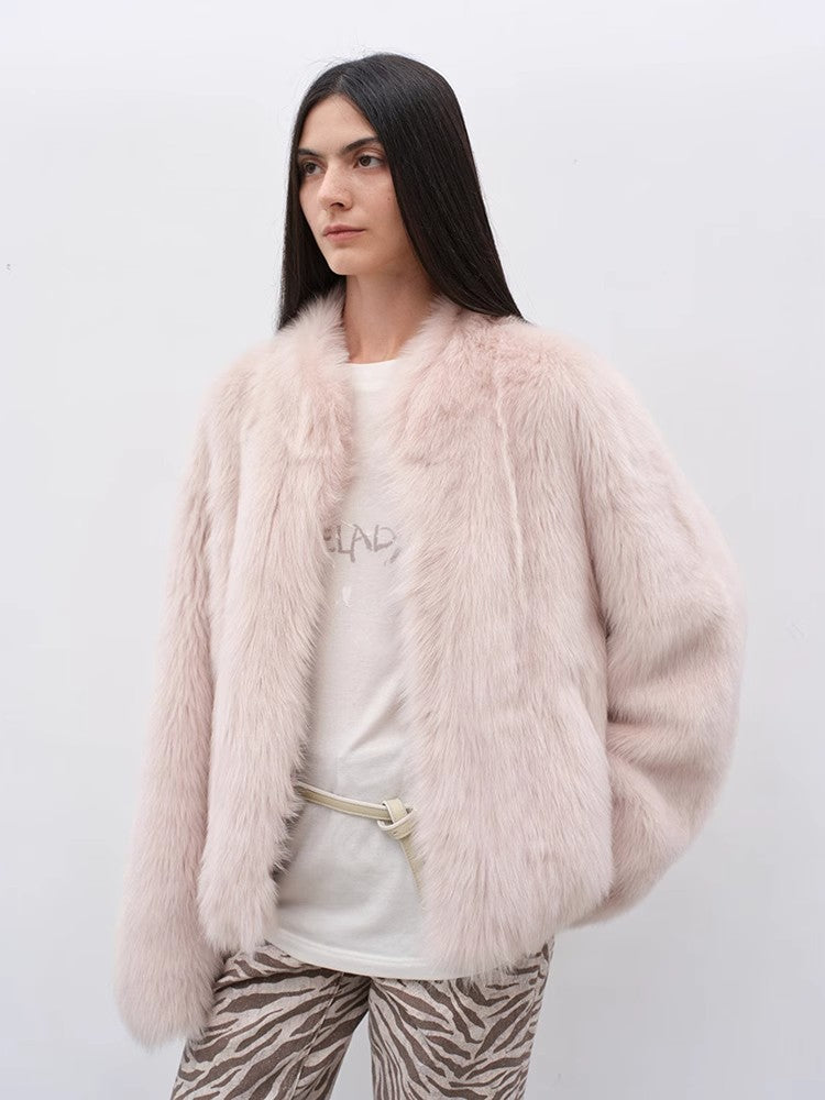 Fireladyfur Women's Casual Drop Shoulder Stand Collar Sheepskin Coat"Practical Wearism"-4