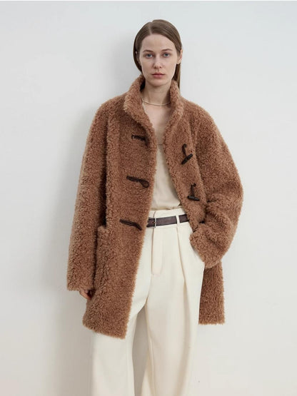 Fireladyfur Women's Faux Leather Shearling Jacket - Stand Collar Wool Coat Curly Style-4