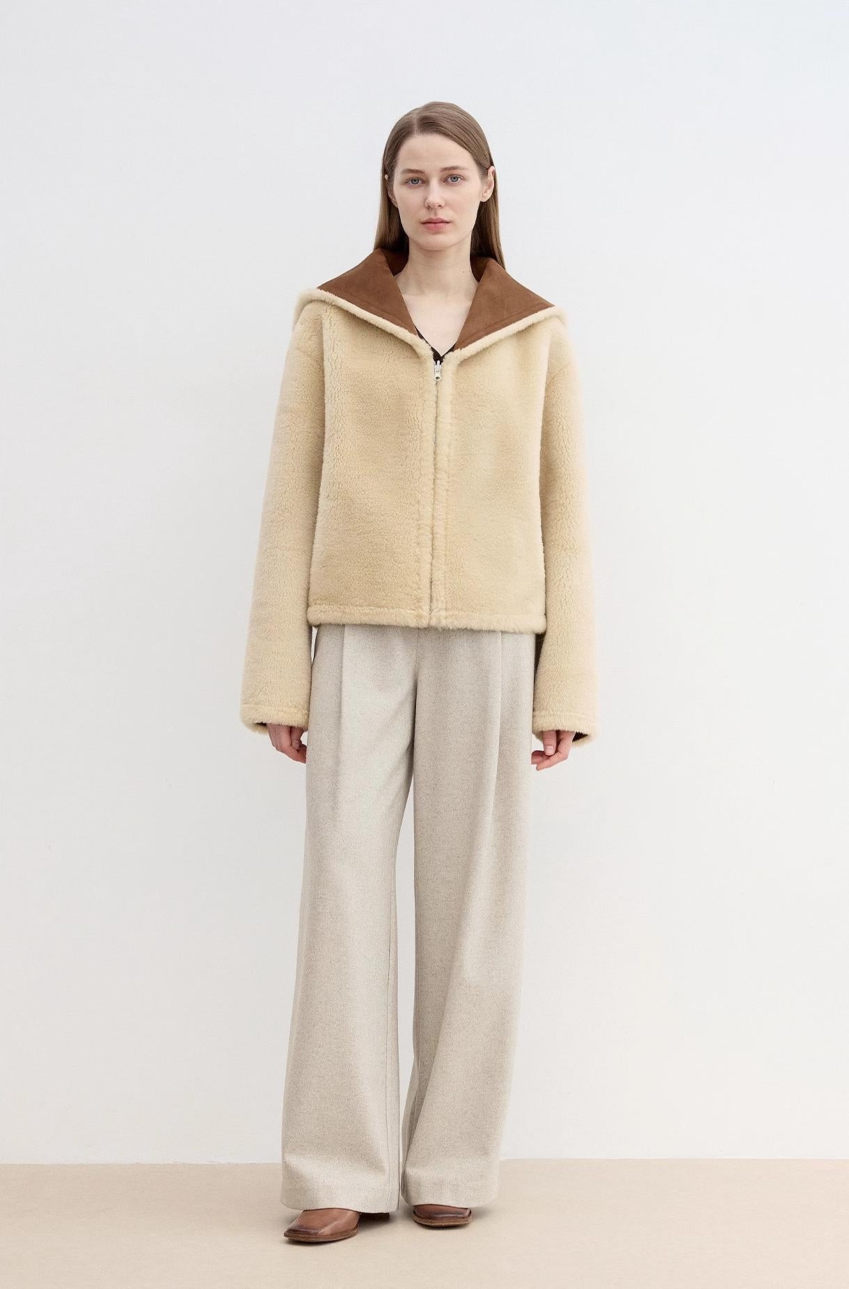 Fireladyfur Women's Faux Leather Shearling Jacket - Wool Suede Navy Collar Coat-4