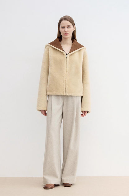 Fireladyfur Women's Faux Leather Shearling Jacket - Wool Suede Navy Collar Coat-4