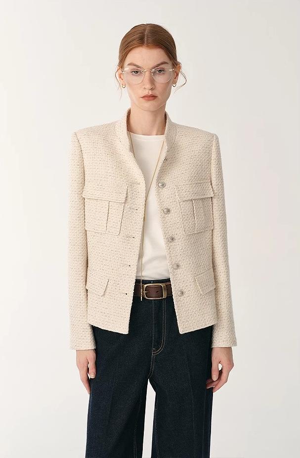 Heavy wool blend tweed stand collar waist cropped coat-2