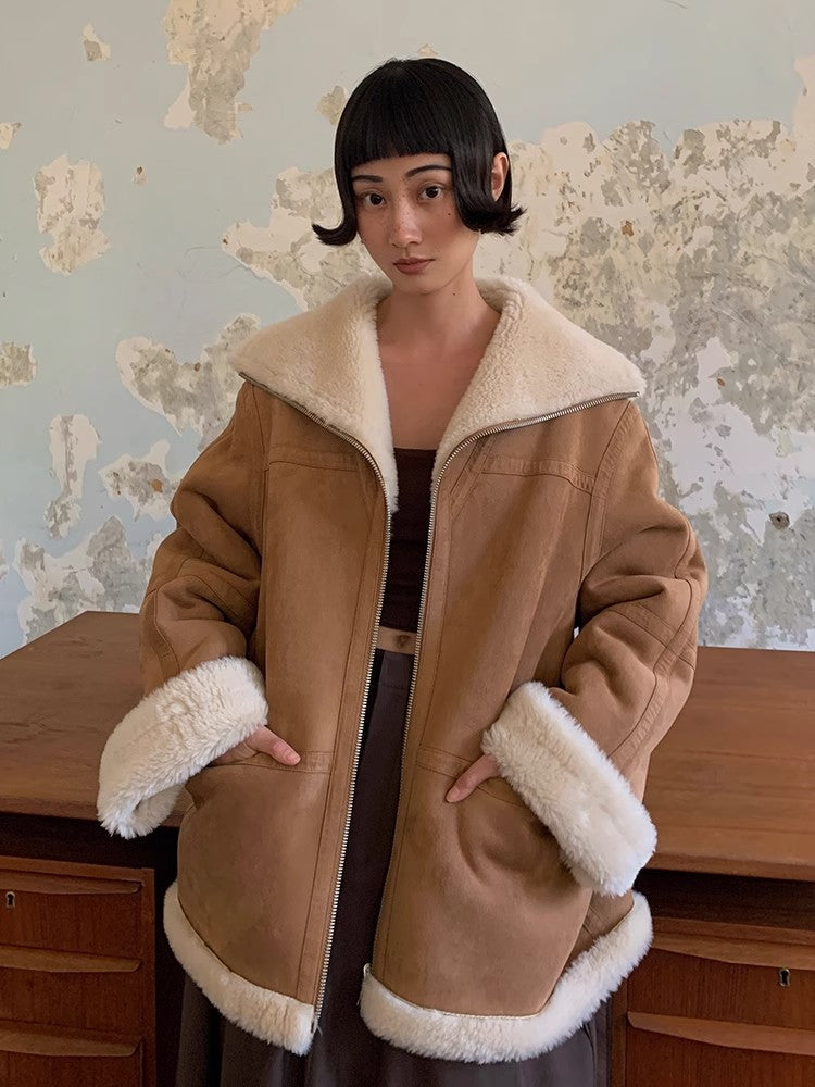 Fireladyfur Women's Faux Leather Shearling Jacket - Short Lapel Wool Coat Vintage-2