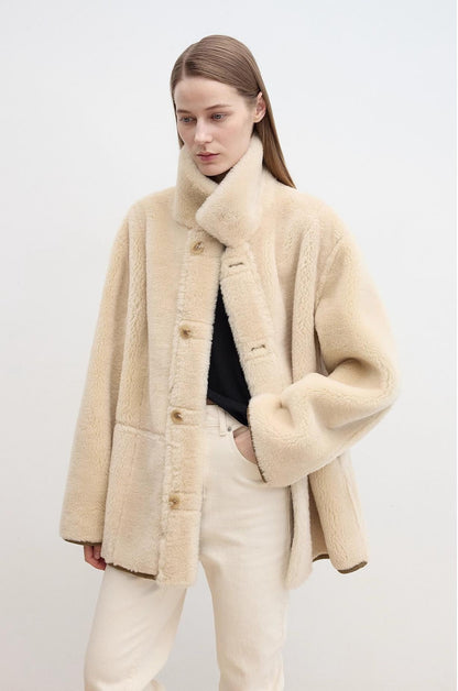 Fireladyfur Women's Faux Leather Shearling Jacket - Casual Furry Lapel Wool Coat-3