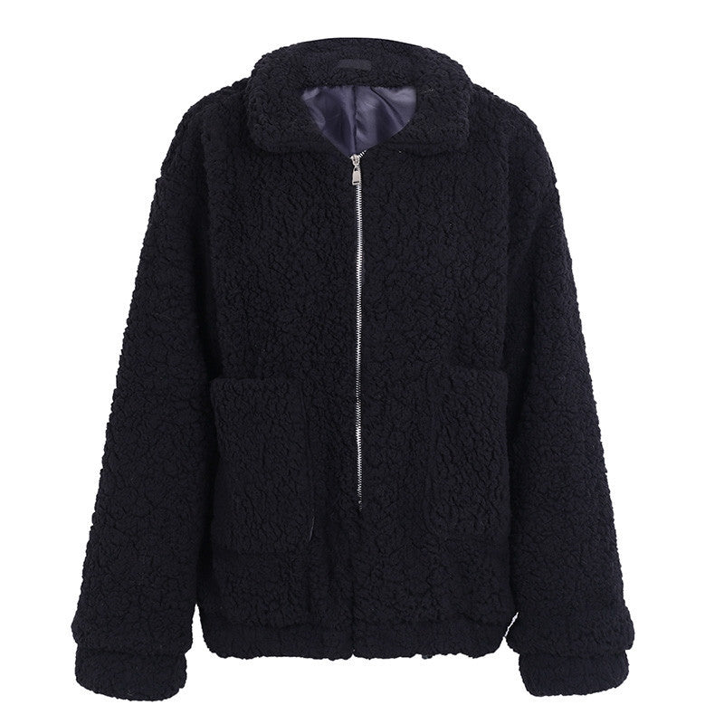 Faux lambswool oversized jacket coat Winter black warm hairly jacket Women autumn outerwear-4