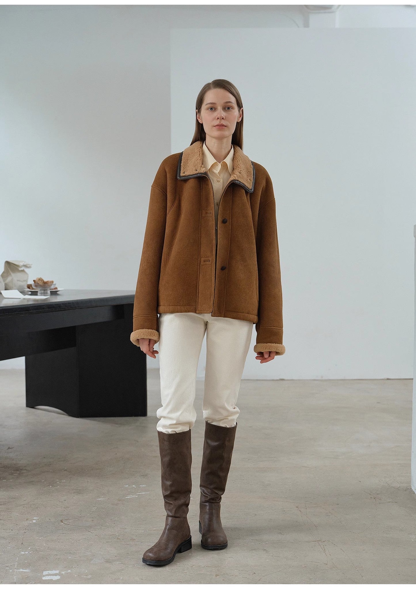 Fireladyfur Women's Shearling Coat - Merino Wool Stand-Up Fur Collar Knight's Contract-4