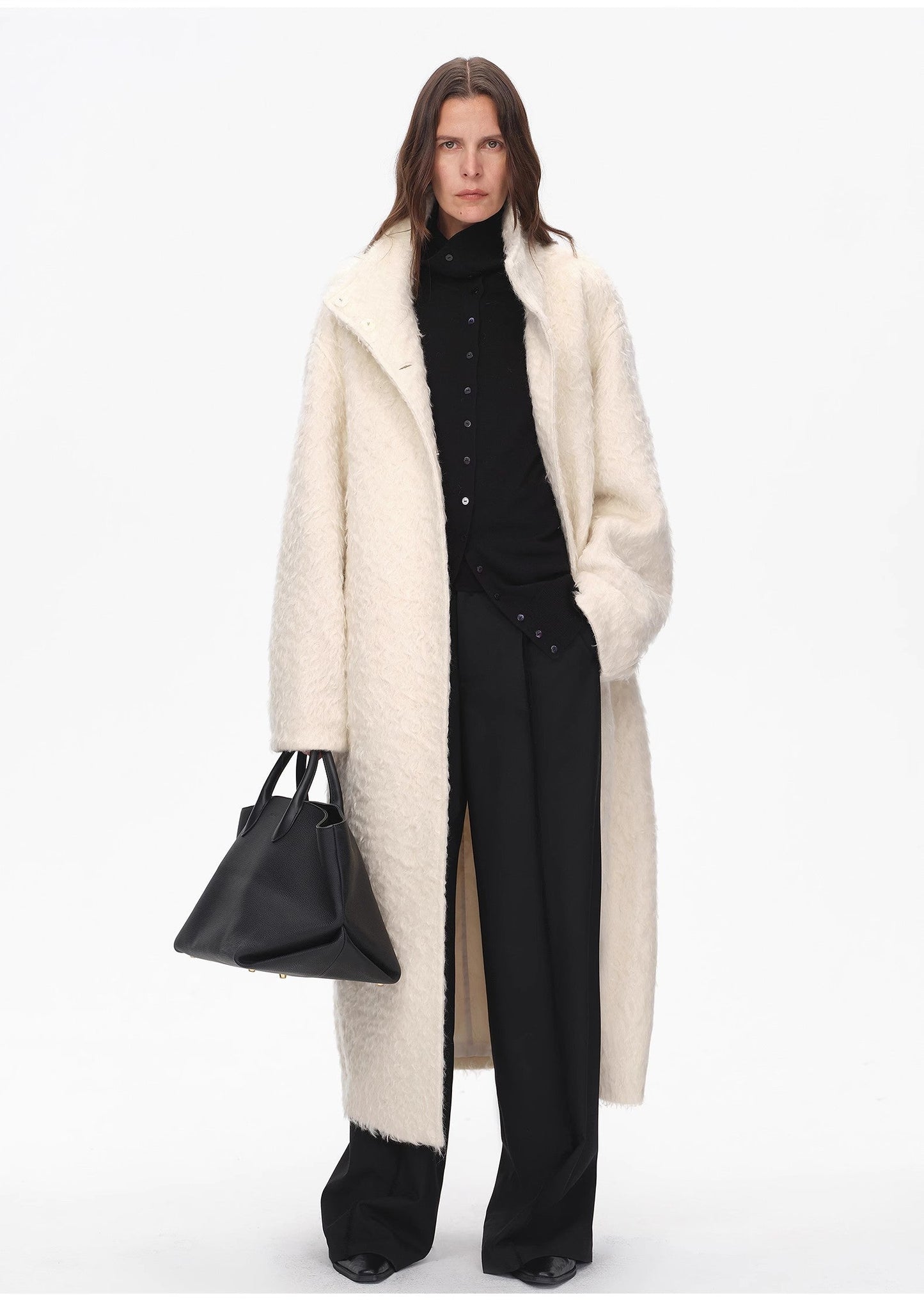 "Song of Snowland"Women's mohair wool stand collar coat autumn and winter loose woolen coat-3