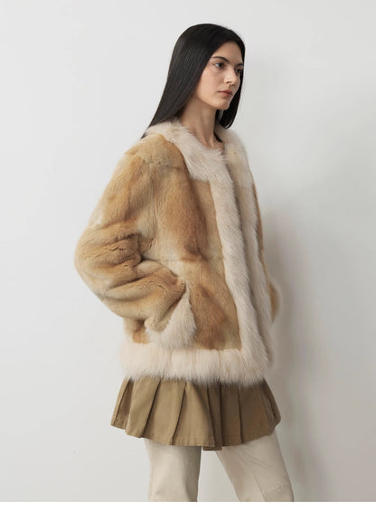 Fireladyfur Women's Blue Muskrat & Fox Fur Patchwork Coat "Casual Gene"-2