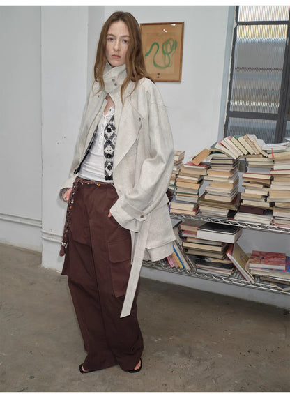 Relaxed Gold Linen Blend Lace-Up Mid-Length Trench Coat Spring"Flynn Magazine"-1