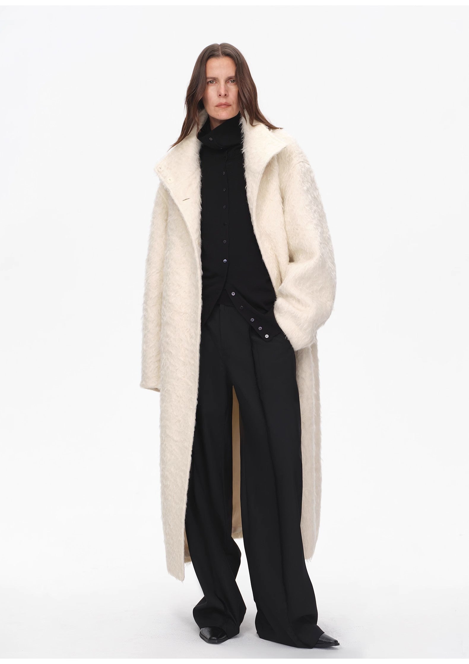 "Song of Snowland"Women's mohair wool stand collar coat autumn and winter loose woolen coat-4