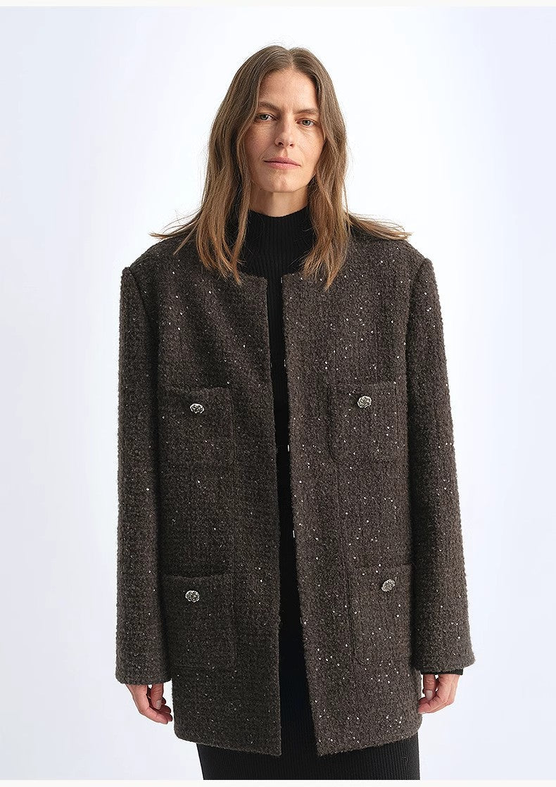 Circle Texture Sequined Wool Tweed Round Neck Long Chanel Style Coat for Women-1