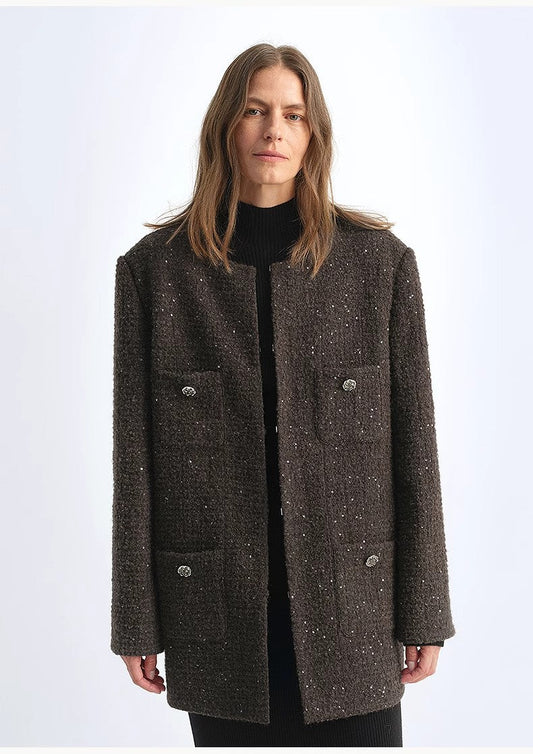 Circle Texture Sequined Wool Tweed Round Neck Long Chanel Style Coat for Women-1