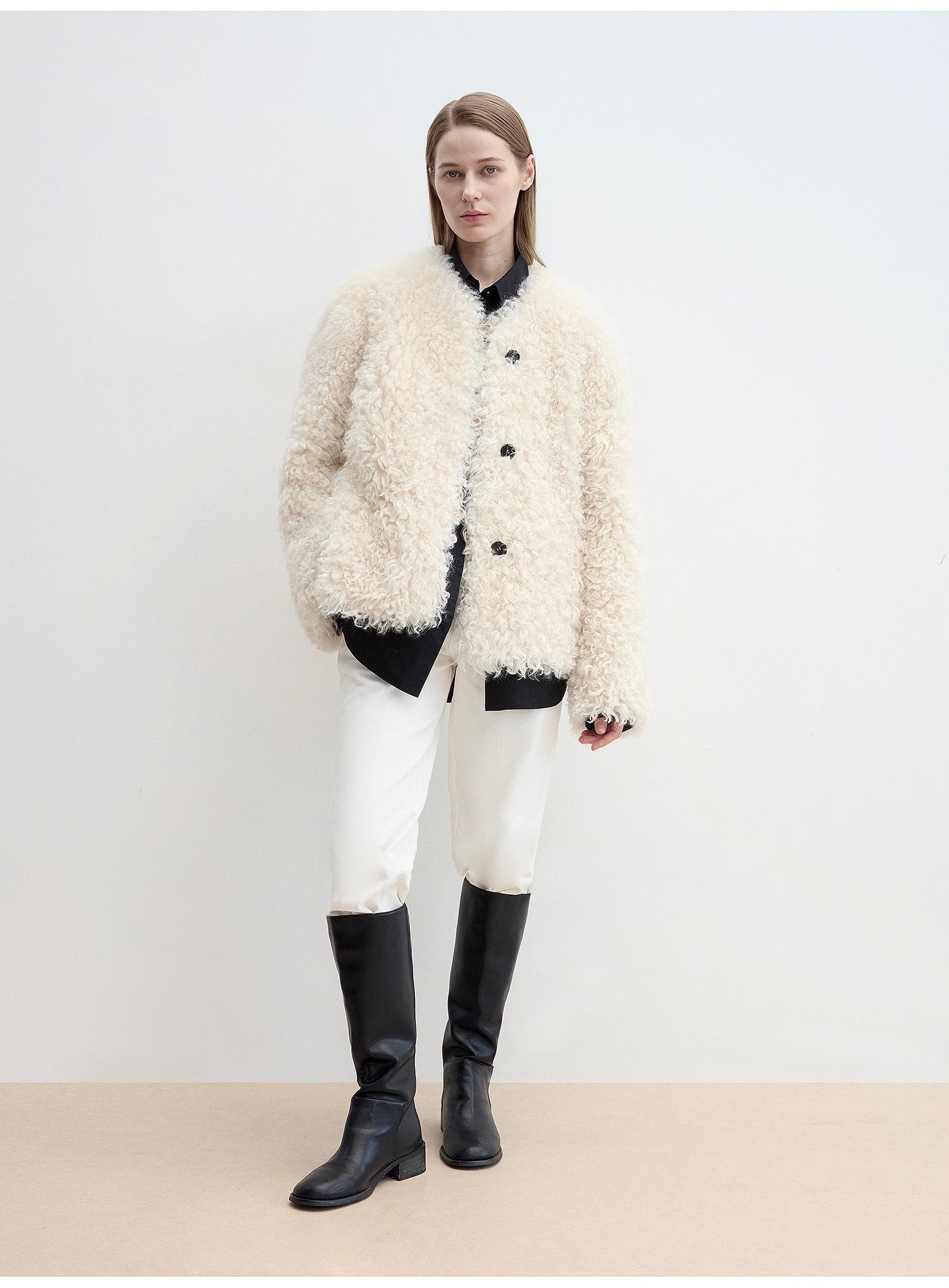 "Ghost Horse Girl" merino curly sweetheart collar straight fur coat-1