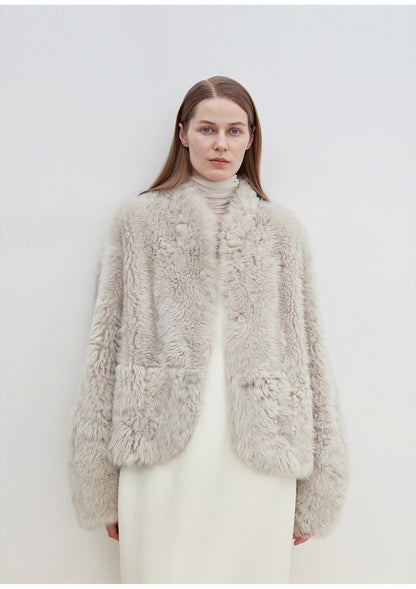 "Yorta" imported Tuscan curly wool upper arc collar sheepskin coat-4