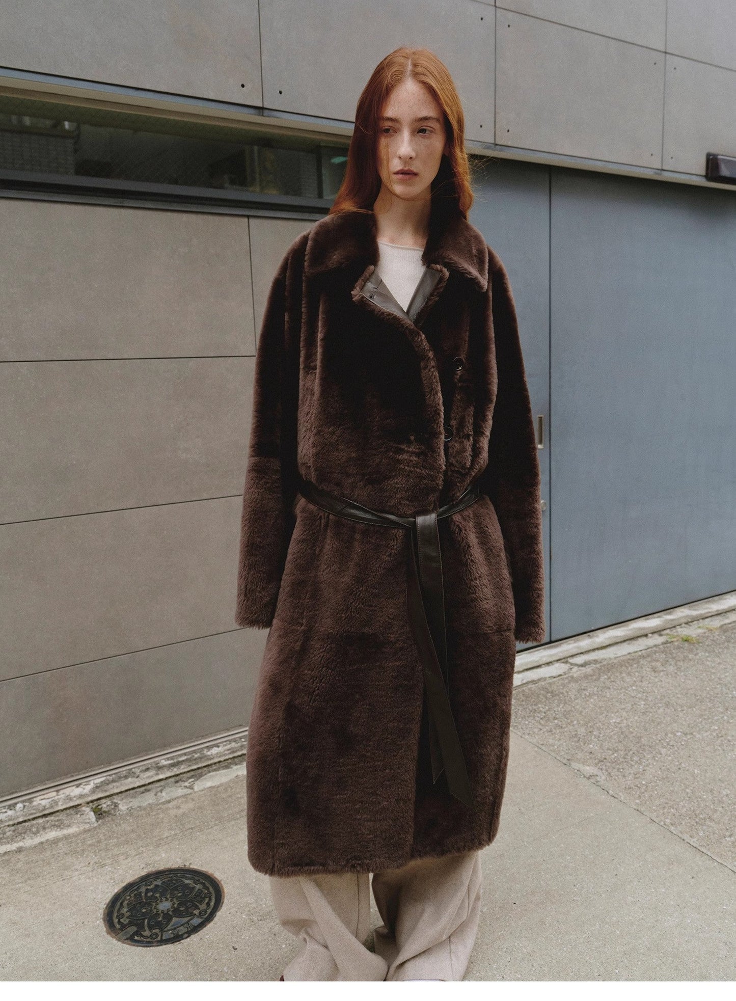 "Mocha Phantom" Merino wool dropped shoulder long asymmetric placket sheepskin coat-1