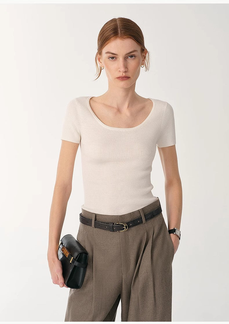 LINDIS wool mulberry silk classic short-sleeved round neck T-shirt for women-5