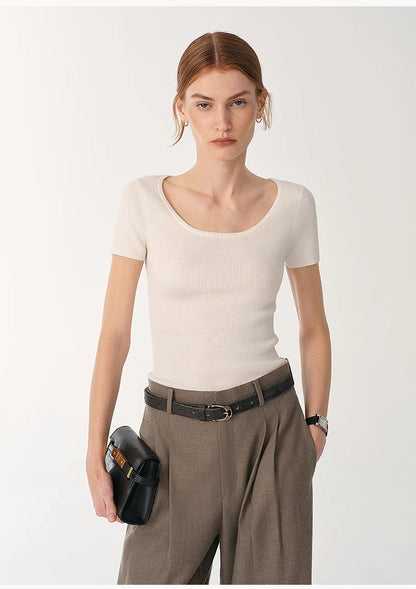 LINDIS wool mulberry silk classic short-sleeved round neck T-shirt for women-5