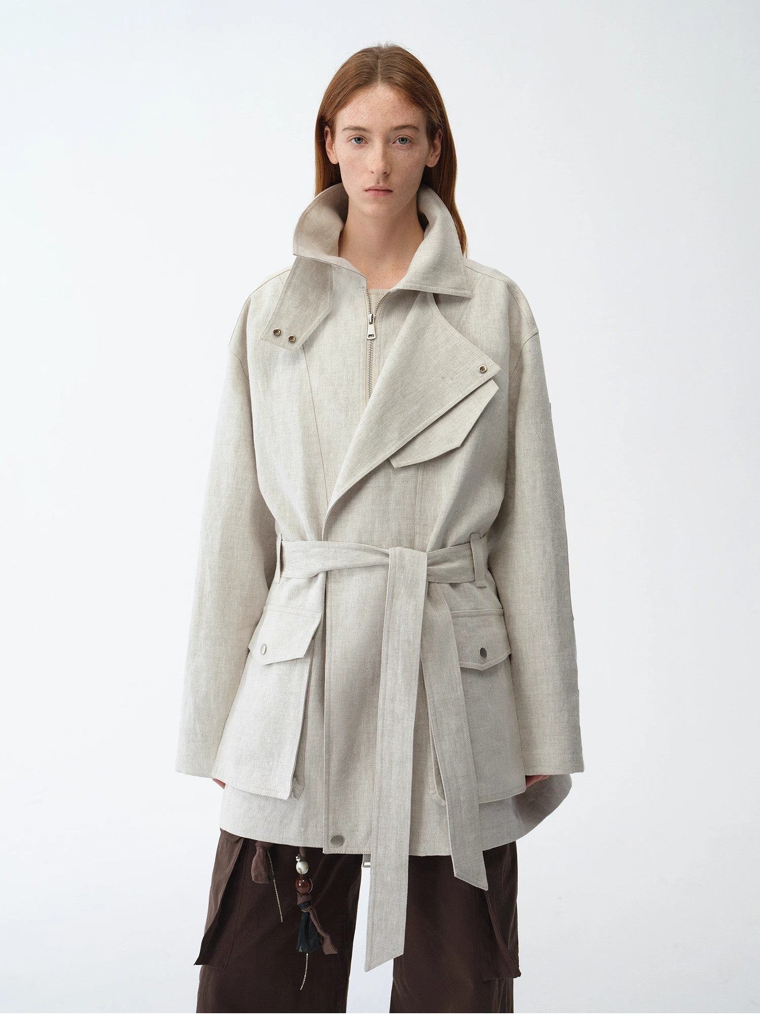 Relaxed Gold Linen Blend Lace-Up Mid-Length Trench Coat Spring"Flynn Magazine"-4