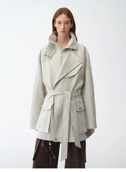Relaxed Gold Linen Blend Lace-Up Mid-Length Trench Coat Spring"Flynn Magazine"-4