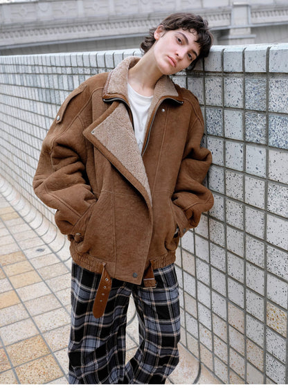 Fireladyfur Women's Shearling Coat - Motorcycle Style Merino Wool Short Jacket Jazz Party-4