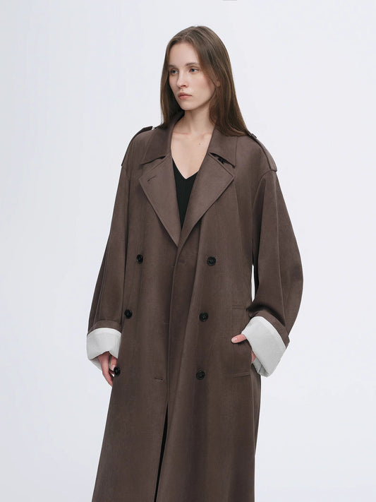 "Line Walker" matte micro-velvet drape classic elegant double-breasted straight long trench coat-1